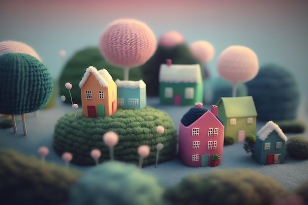 A small village with a pink house on the top.