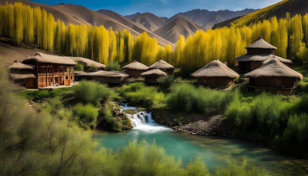 Photo a small village with a river running through it