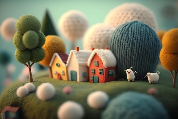 A small village with a sheep and a tree with a blue ball.