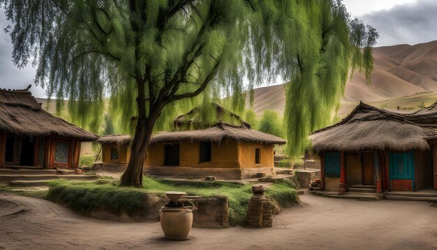 a small village with a tree and a house with a thatched roof