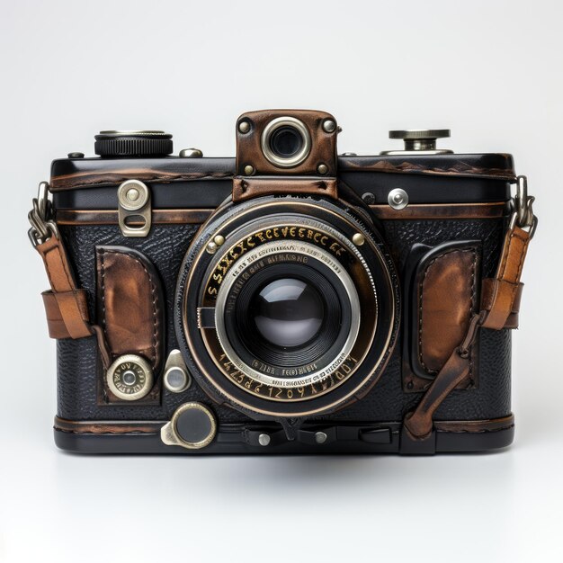 small vintage analog photo camera with black leather