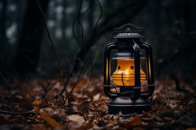 small vintage lantern sitting on forest