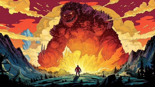 A small warrior stands against the background of an explosion in front of a huge giant monster Fantasy concept Illustration painting Generative AI