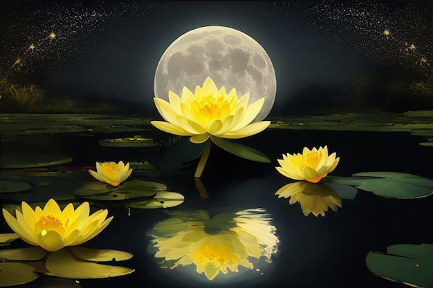 Small water lily flower royal purple color sky moon