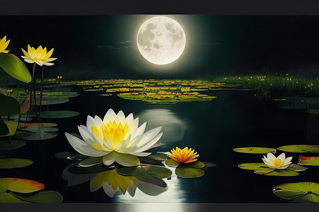 Photo small water lily flower royal yellow color sky moon
