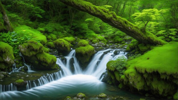 A small waterfall cascading into a tranquil lagoon surrounded by mossy rocks and lush greenery