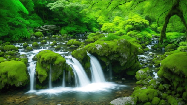 A small waterfall cascading into a tranquil lagoon surrounded by mossy rocks and lush greenery