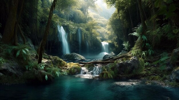 Small waterfall flowing into blue lake surrounded by rocks and green trees growing AI Generative