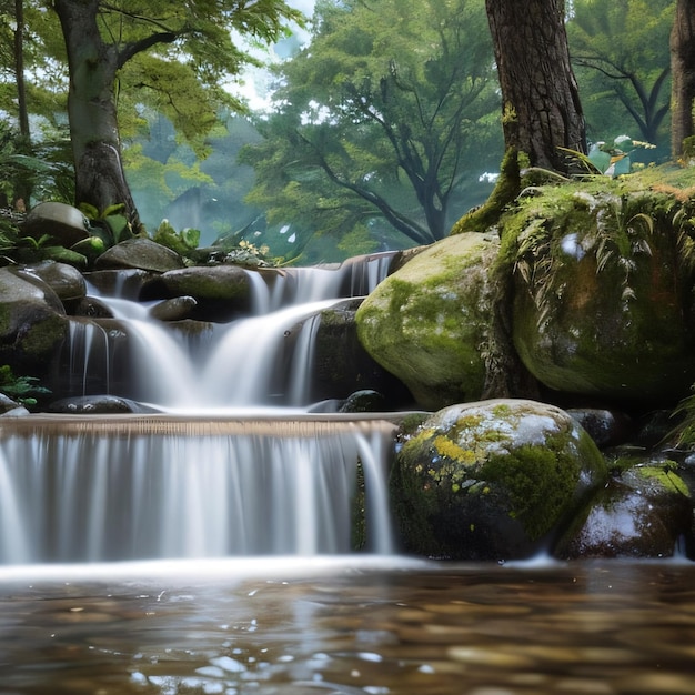 A small waterfall in a forest with moss on the rocks and a green tree in the background.