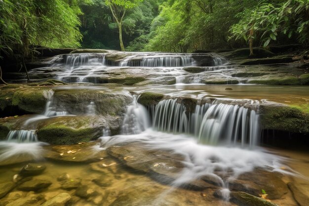 A small waterfall in the forest with the word waterfall on it