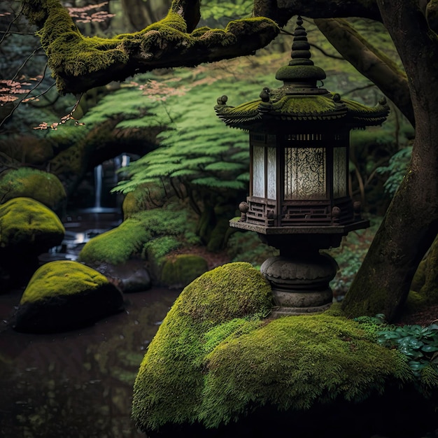 A small waterfall is in the background of a lantern in a forest.