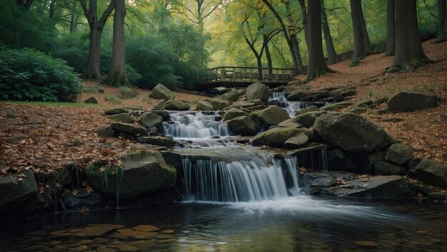 a small waterfall in the middle of a park