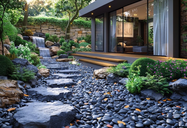 Small waterfall and stream of water flowing down the rocks