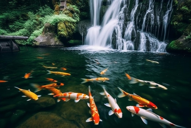 Small waterfall stream with beautiful koi fish generative ai