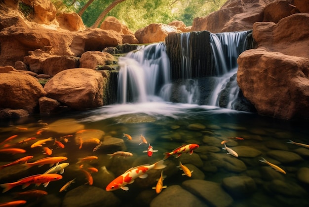 Small waterfall stream with beautiful koi fish generative ai