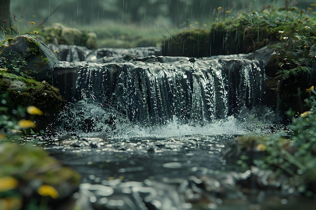 Small Waterfall Surrounded by Trees in Forest