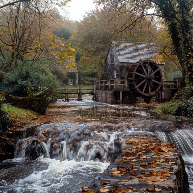 Foto una piccola cascata con una cabina di legno sullo sfondo