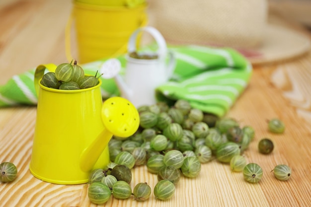 Small watering can with fresh gooseberries on wooden table