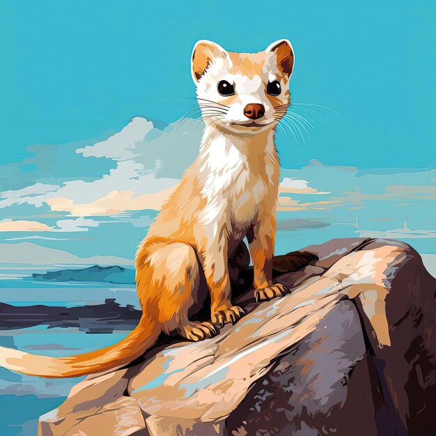 Photo a small weasel is sitting on a rock in the style of realistic pop art