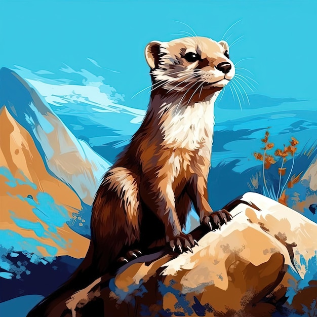 a small weasel is sitting on a rock in the style of realistic pop art