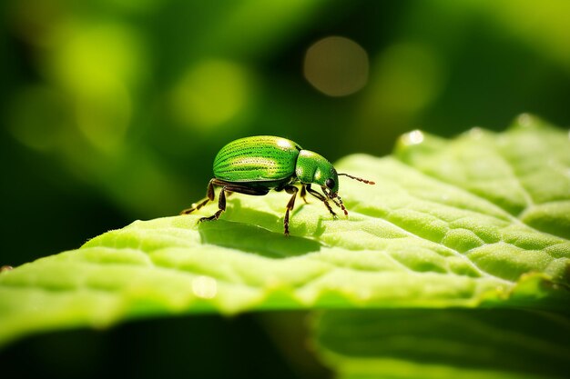 Small weevil crawling on green leaf outdoors generated