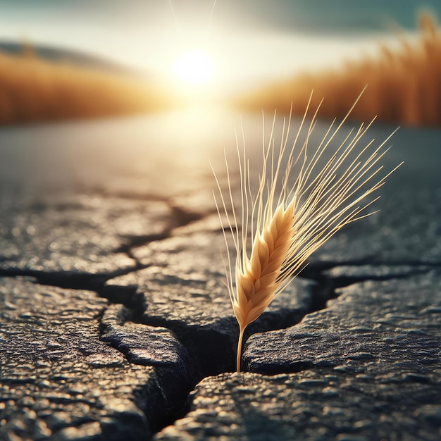 Small wheat ear growing out of crack in asphalt road