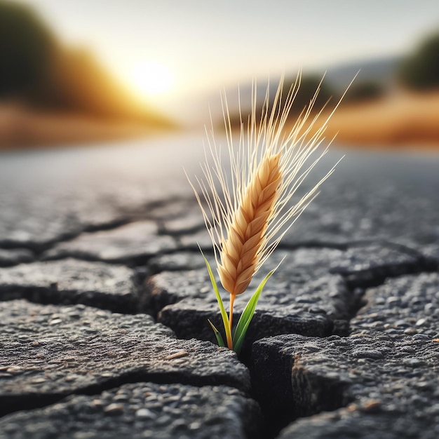 Piccola spina di grano che cresce nella crepa di una strada di asfalto