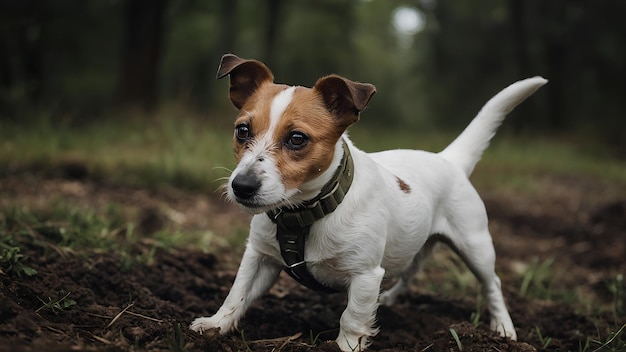 Фото Маленькая белая и коричневая собака, стоящая в лесу