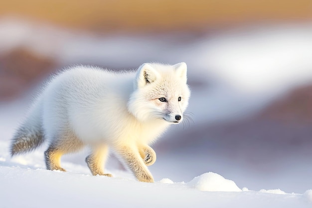 Small white arctic fox cub walks through snow on tundra