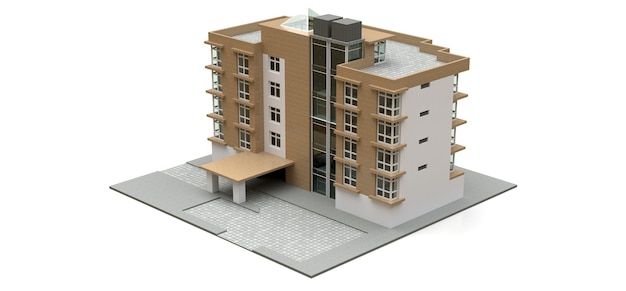 Foto piccolo condominio bianco e beige con ascensore e garage. rendering 3d.