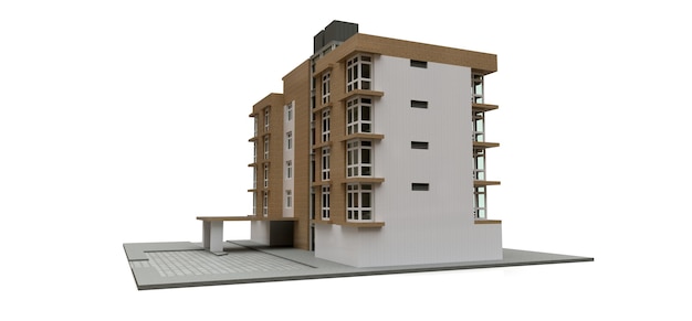 Small white and beige condominium with elevator and garage. 3d rendering.