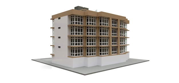 Piccolo condominio bianco e beige con ascensore e garage. rendering 3d.