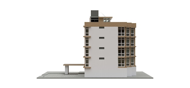 Photo small white and beige condominium with elevator and garage. 3d rendering.