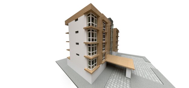 Piccolo condominio bianco e beige con ascensore e garage. rendering 3d.