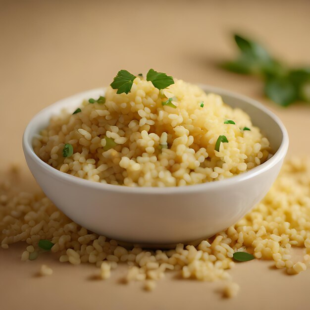 a small white bowl of rice with parsley on top