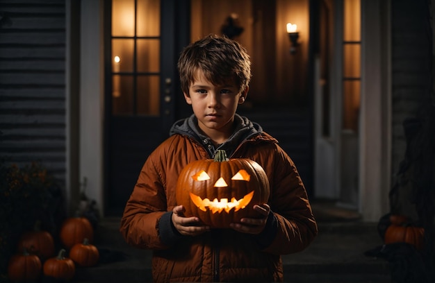 Foto un ragazzino bianco con una zucca intagliata è chiaramente sotto il portico di notte a casa, con luci soffuse