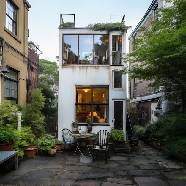 a small white building with a table and chairs in front of it