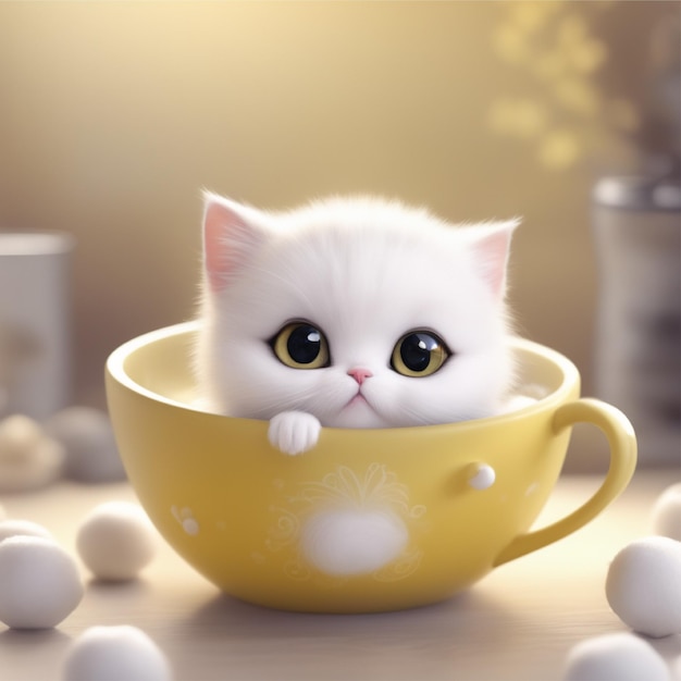 A small white cat sitting in a yellow cup