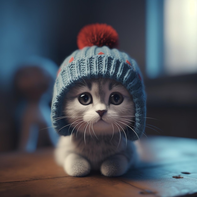 A small white cat wearing a blue hat with a red pom pom on it.