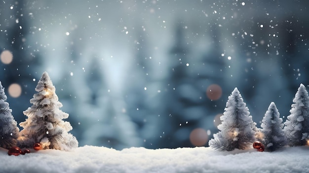 Small white Christmas trees on snow In the background light bokeh effect and falling snow smudged winter pine forest Side viewChristmas banner with space for your own content