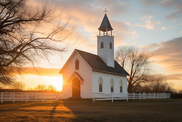 Photo small white church with the sun setting behind it in the style of washington color school