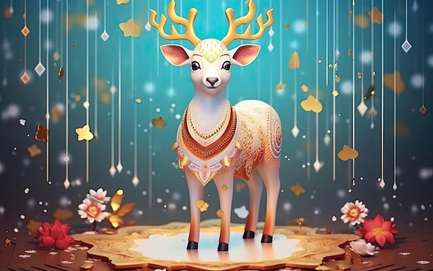 a small white deer standing on the center of a colorful background