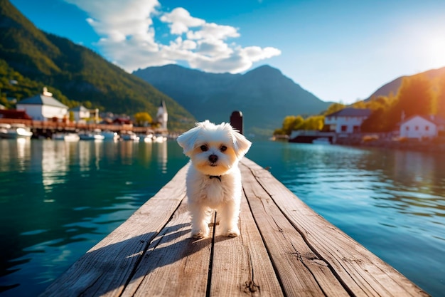 A small white dog on a dock in front of a mountain