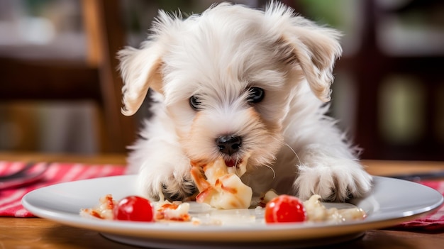 小さな白い犬が皿から食べ物を食べている