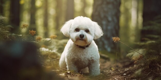 森の中の小さな白い犬