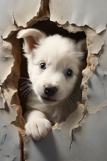 小さな白い犬が穴を探していますひびの入ったレンガの背景に狂った子犬が現れて壁を破壊します