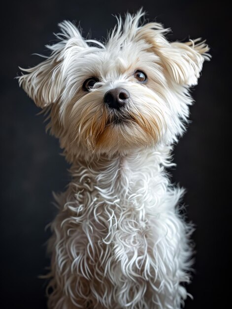 Small white dog looks up with his head tilted to the side