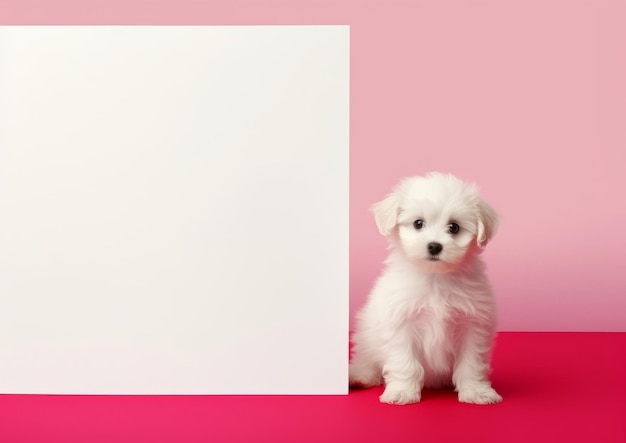 Foto un piccolo cane bianco seduto accanto a un cartello vuoto