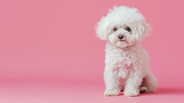 A small white dog sitting on a pink background