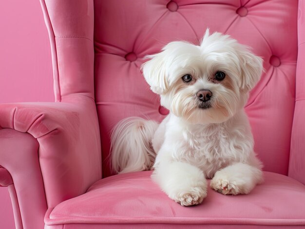A small white dog sitting on a pink chair